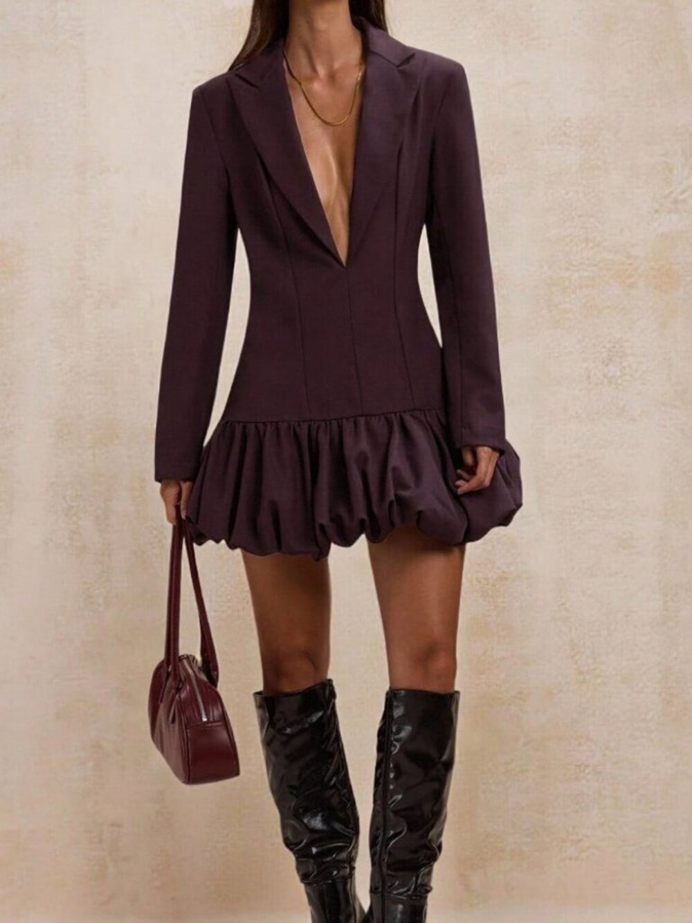 Coffee Brown Elegant Women's Long Sleeve Bubble Skirt Suit Dress - Picture 7 of 8